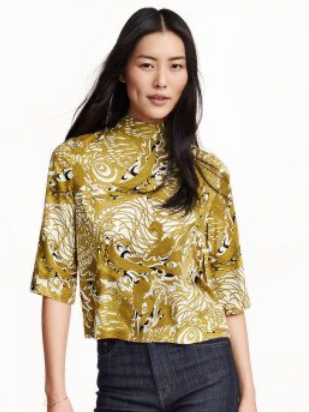 H&M Mock Neck Dragon Print Mustard White Blouse Size 8